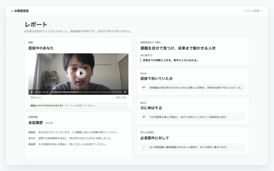 左に本人の録画と会話履歴、右に Good と More を含むレポートが生成される画面